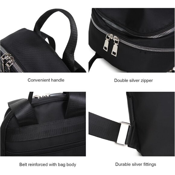 Nylon Large Black Casual Daypack Backpack for Women with Silver Zippers main image 6